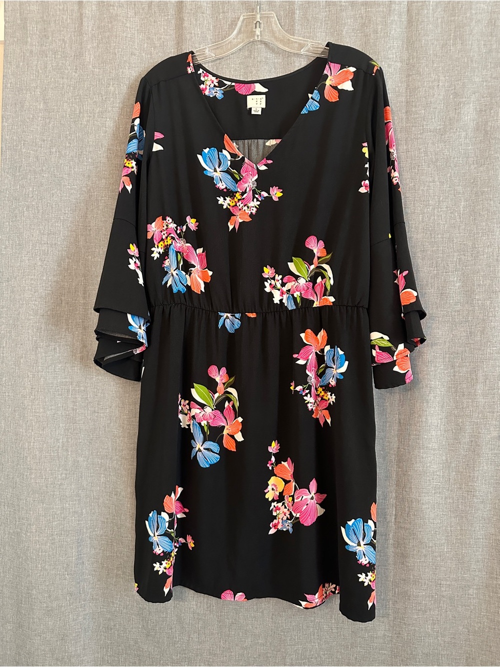 A New Day Floral V-Neck Black Dress with Pink & Blue Blooms